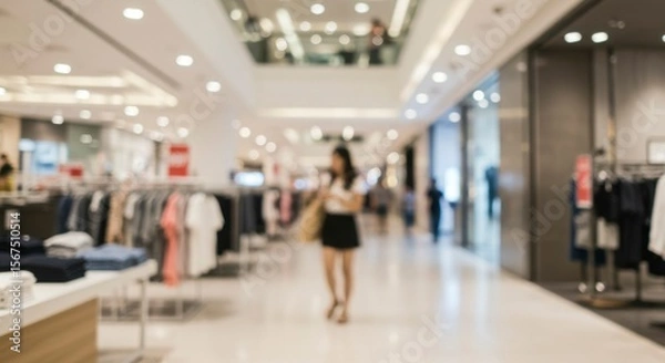 Fototapeta Blurred interior view of a bright, spacious shopping mall with clothing displays, shoppers, and a general bustling atmosphere
