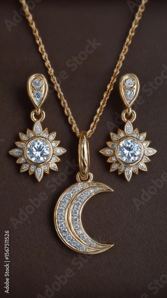 Obraz Gold Sun And Moon Cubic Zirconia Necklace And Earrings Set
