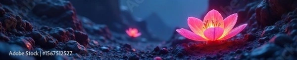 Fototapeta Bioluminescent Alien Flora Thrives Under Harsh Extraterrestrial Light, Casting an Ethereal Glow on the Rocky Landscape. Vibrant Petals Pulse with Inner Light.