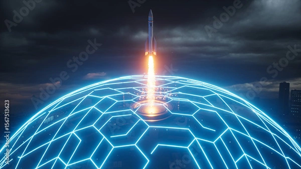 Fototapeta Rocket Launch Above Protective Shield: A futuristic rocket ascends into the dark sky, launching from atop a glowing geodesic dome. An illustrative capture evoking innovation and protection.