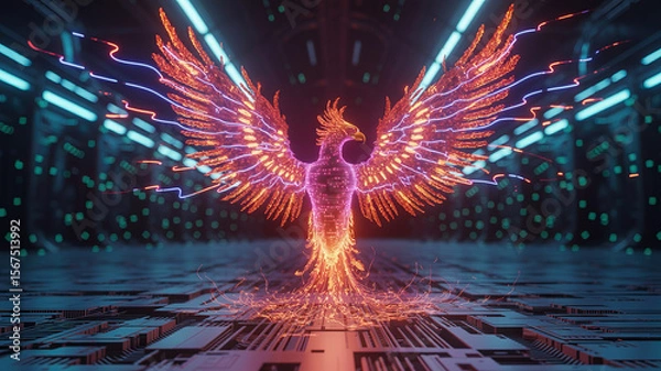 Fototapeta Digital Phoenix: A radiant phoenix, crafted from vibrant lines of digital light, takes flight, soaring through a futuristic, data-driven realm, with neon glows and a cutting-edge cybernetic aesthetic.