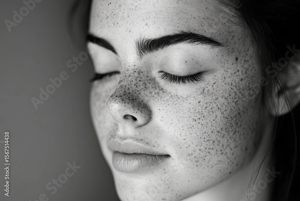 Fototapeta Young woman with freckles on her face, enjoying a peaceful moment, Generative AI