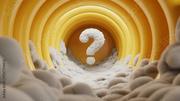 Fototapeta Mysterious Question Mark in Tunnel: A softly rendered question mark hovers in a yellow tunnel, surrounded by fluffy clouds, creating a sense of uncertainty and mystery.