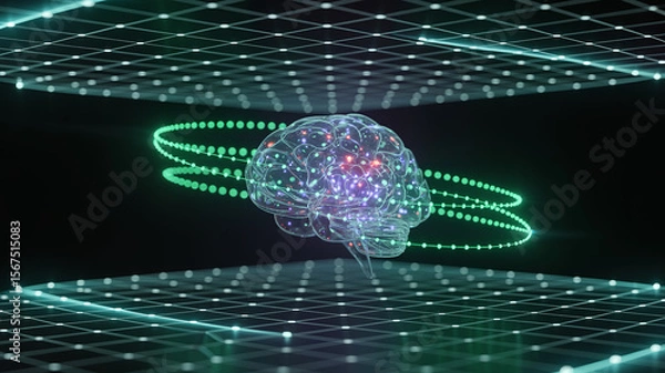 Fototapeta Brain's Digital Universe: A conceptual representation of the human brain, rendered as a luminous digital entity within a grid, surrounded by a glowing halo.