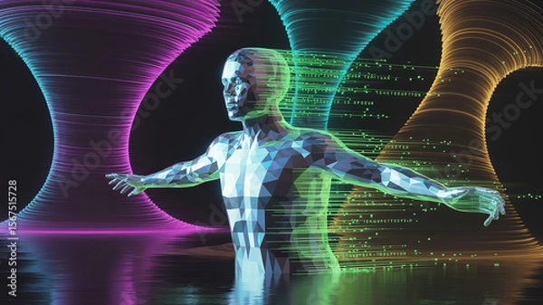 Fototapeta Cybernetic Art: A striking image of a futuristic humanoid figure surrounded by colorful, abstract energy forms, representing the evolution of technology and human potential.