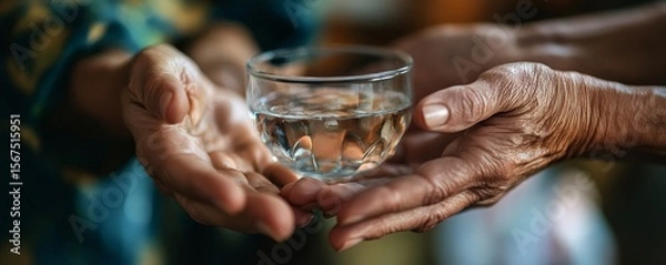 Fototapeta Healthcare Harmony: A close-up of hands holding medication and a water glass, representing pharmaceutical treatment and mental health support, Generative AI