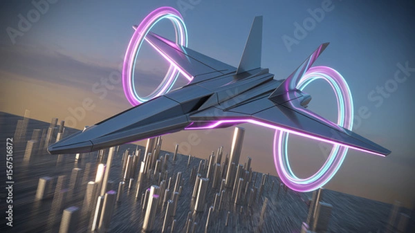 Fototapeta Future Flight: A sleek, futuristic aircraft soars gracefully above a modern cityscape during twilight, flanked by glowing neon rings. It's a visual testament to innovation and advanced technology.