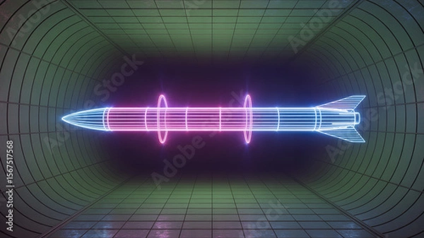 Fototapeta Neon Rocket in Futuristic Tunnel: A neon-lit rocket, radiating vibrant colors, is suspended in a futuristic tunnel, showcasing the marvels of technology and innovation with a modern edge.