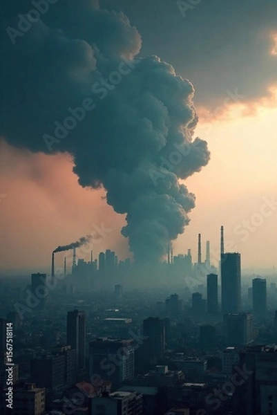 Fototapeta Ominous Smog-Choked Cityscape Dramatic Clouds Loom Over Polluted Metropolis