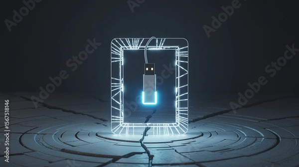 Fototapeta Cybersecurity USB Drive:  A glowing neon blue USB drive sits within a digital frame, symbolizing data protection and secure storage.  The cracked concrete floor evokes a sense of vulnerability.