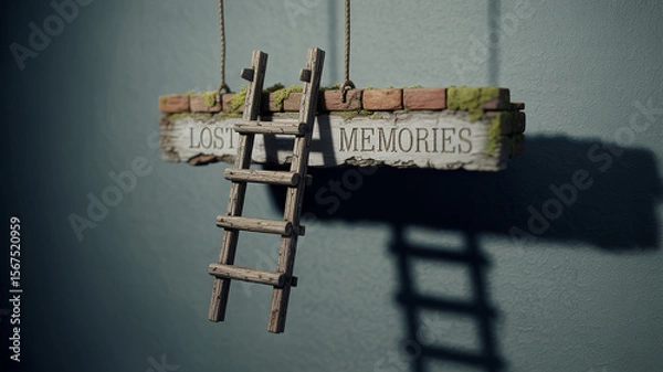 Fototapeta Lost Memory: The artwork evokes a sense of melancholy and introspection. Through a wooden ladder lead to somewhere wrote "lost memory" which express human emotions.