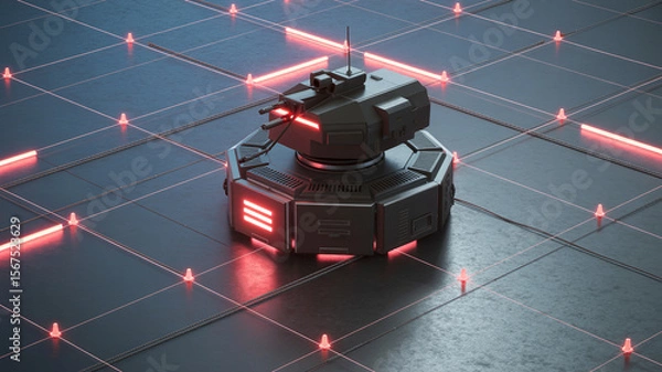 Fototapeta Technological Sentinel: An advanced sentinel robot is poised amidst a matrix of digital pathways, its illuminated details exuding a futuristic feel.