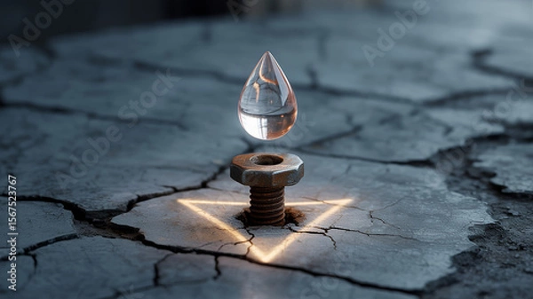 Fototapeta Water Drop on Bolt: A single, glistening water drop precariously balances atop a rusty bolt embedded in cracked earth, illuminated by a soft, glowing triangle.