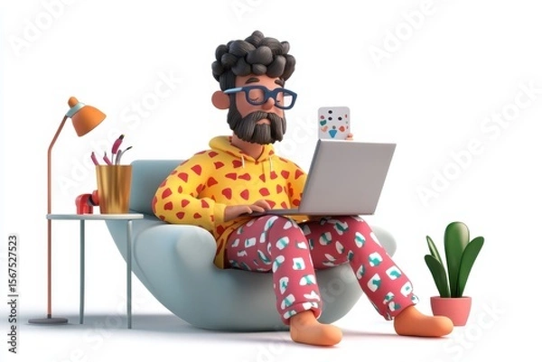 Obraz Freelancer working in pajamas 3d render cartoon character on white background