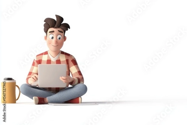 Obraz Freelancer working in pajamas 3d render cartoon character on white background