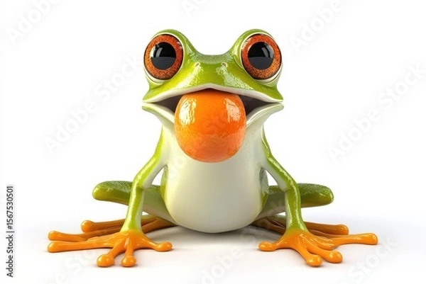 Obraz Frog inflating throat 3d render cartoon character on white background