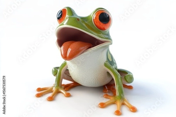 Obraz Frog inflating throat 3d render cartoon character on white background