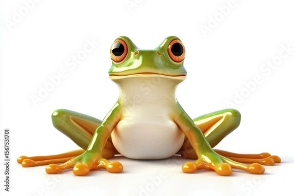 Obraz Frog sitting with legs tucked 3d cartoon character on white background