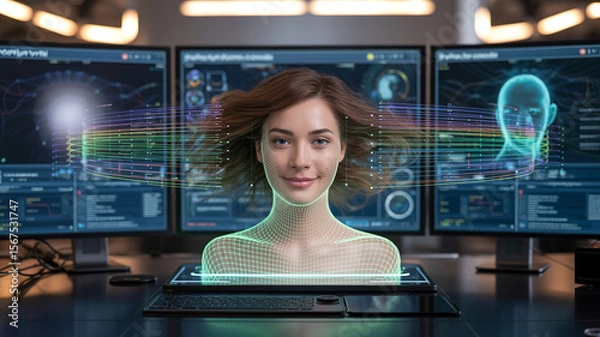 Fototapeta Human Portrait with Holographic Representation: A striking portrait merges with holographic projections, showcasing futuristic technology