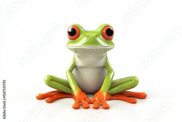 Obraz Frog sitting with legs tucked 3d cartoon character on white background