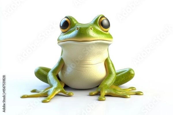 Obraz Frog sitting with legs tucked 3d cartoon character on white background
