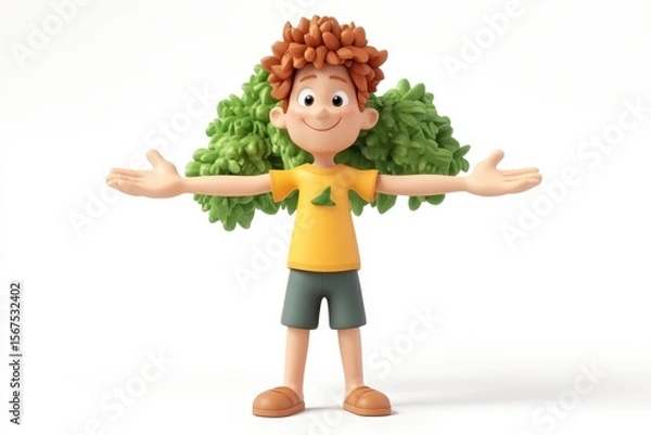 Obraz Front view of tree pose 3d render cartoon character on white background
