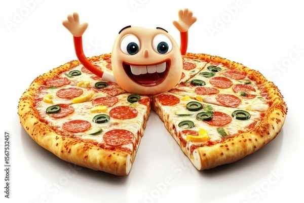 Obraz Frozen Pizzas isolated in 3d cartoon character on white background
