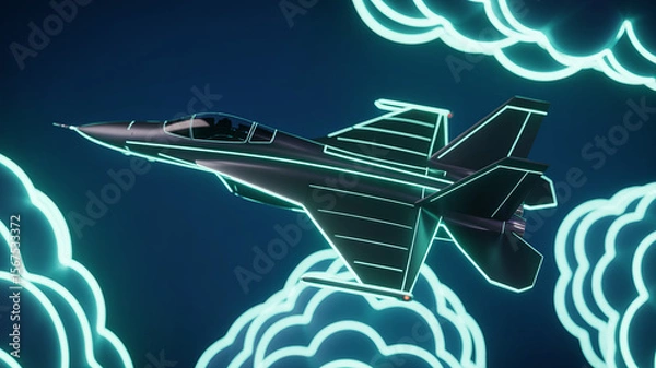 Fototapeta Futuristic Jet Soaring Through the Clouds: A sleek, modern jet aircraft, outlined with glowing neon lights, gracefully flies through a sky filled with illuminated, ethereal clouds.