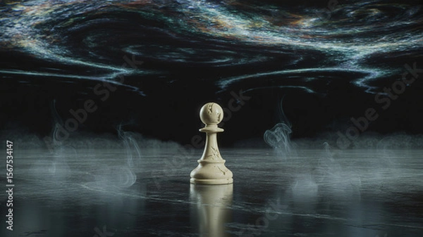 Fototapeta The Strategic Chessman: A lone pawn stands resolute amidst a swirling, ethereal cosmic backdrop, the image evoking contemplation and strategy.