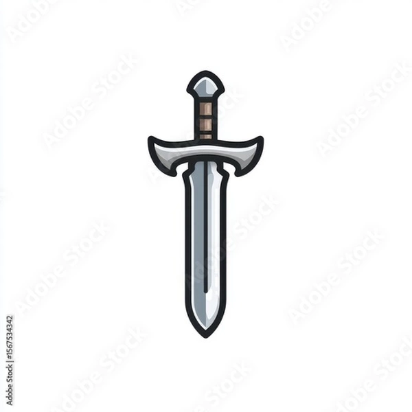 Fototapeta Pixel Art Silver Sword with Brown Handle on White Background
