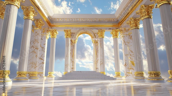 Fototapeta Grand Classic Architecture with Golden Columns and Marble Floor, Expansive Heavenly Temple Interior with Regal Baroque Design, Surreal Sky and Serene Divine Atmosphere