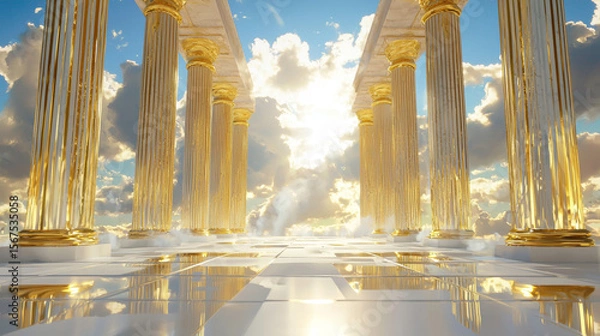 Fototapeta Divine Classical Architecture with Golden Pillars and Marble Floor, Expansive Temple Design Under Serene Sky and Cloudscape, Heavenly Light Shining Through