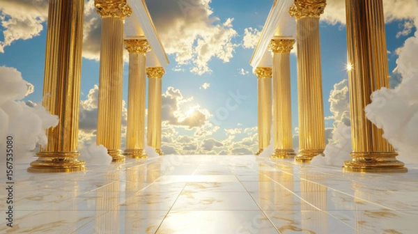 Fototapeta Divine Classical Architecture with Golden Pillars and Marble Floor, Expansive Temple Design Under Serene Sky and Cloudscape, Heavenly Light Shining Through