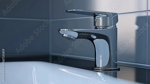 Fototapeta Modern chrome bathroom faucet design for sink fixture and home improvement plumbing solutions project