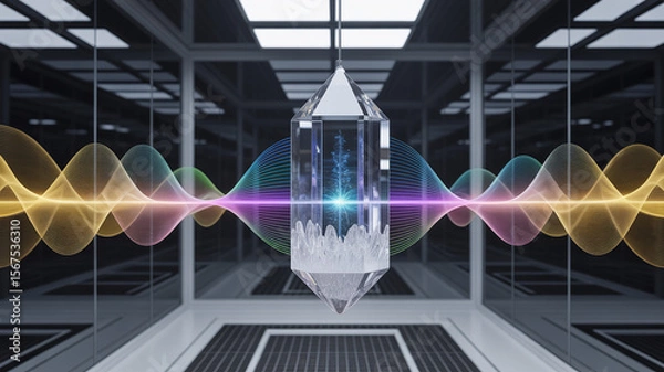 Fototapeta Energy in the laboratory: A digital depiction of a crystal structure emits waves in a cutting-edge laboratory environment, representing the interplay of science, technology, and innovation. 
