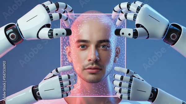 Fototapeta Tech-Enhanced Cognition: A man's face is framed by robotic hands, a symbol of technological advancement and the future of human potential.  