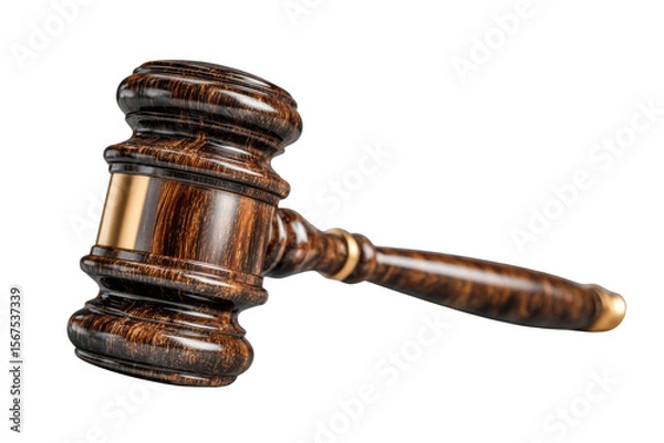 Fototapeta A wooden gavel with a polished finish, featuring a cylindrical head and a tapered handle, often used in legal proceedings.