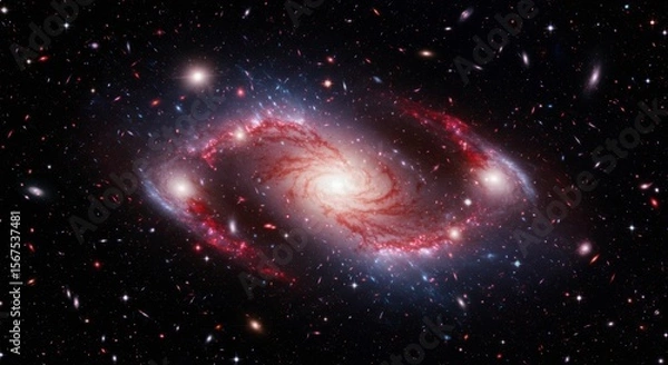 Fototapeta A vibrant spiral galaxy, swirling with red and blue hues, against a backdrop of scattered stars and cosmic dust