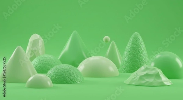 Fototapeta A vibrant, green landscape of abstract shapes, cones, and spheres. Various textures and shading
