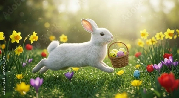 Fototapeta A fluffy white bunny hops through a vibrant spring meadow, carrying a basket of colorful eggs