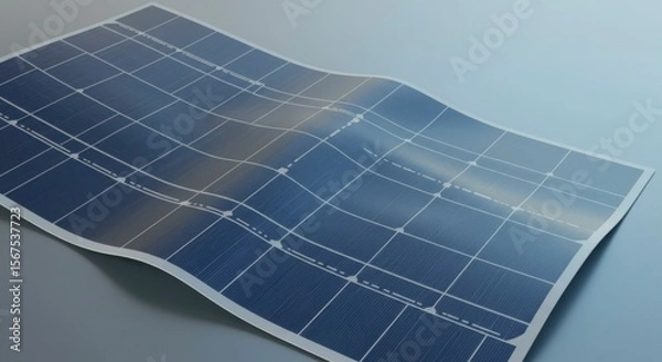 Fototapeta Flexible solar panel, slightly curved, showcasing grid pattern and subtle text detailing cell specifications