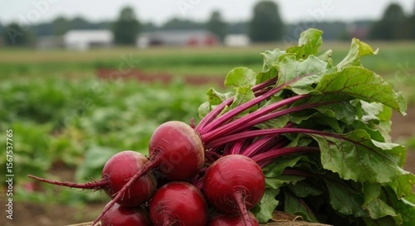 Fototapeta Close-up shot of freshly harvested beets with vibrant red roots and green leaves, set against a blurred field background