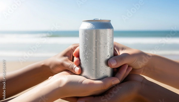 Fototapeta Group Hands Holding Cold Beverage Can on Beach – Summer Drink and Branding Concept