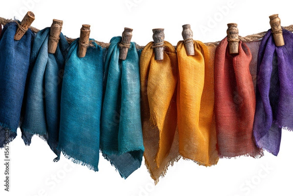 Fototapeta Colorful fabric swatches hanging from clothespins on a string, showcasing various textures and hues.