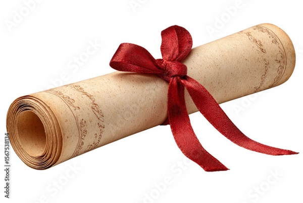 Fototapeta A rolled parchment tied with a red ribbon, featuring decorative writing and a vintage appearance.
