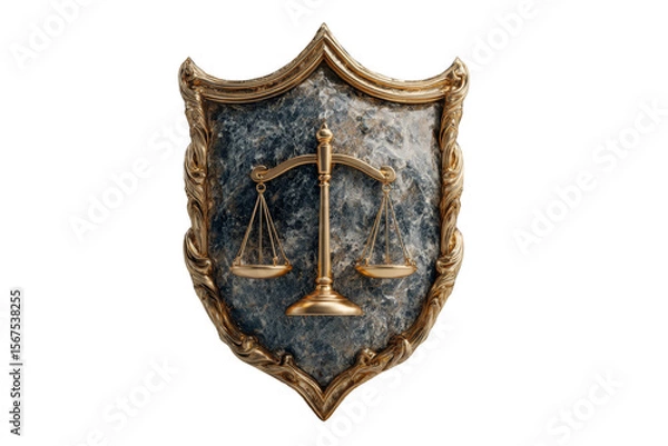 Fototapeta A metallic shield featuring a balanced scale emblem symbolizing justice.