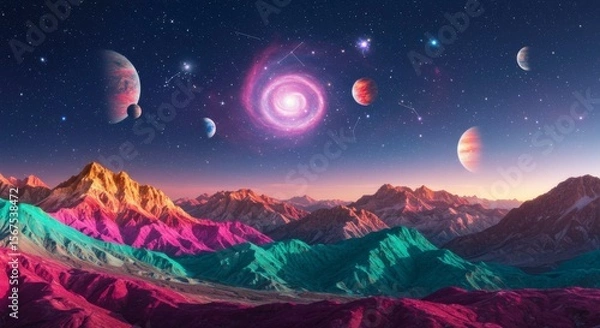 Fototapeta Vibrant, colorful alien landscape with multiple planets and a glowing celestial body in the night sky