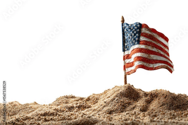 Fototapeta A small American flag stands atop a mound of sand, symbolizing patriotism and resilience.