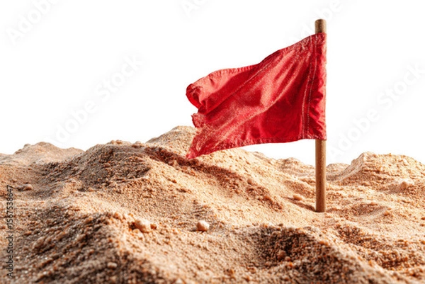 Fototapeta A red flag stands tall amidst a textured landscape of sand-like mounds, creating a striking visual contrast against a dark background.