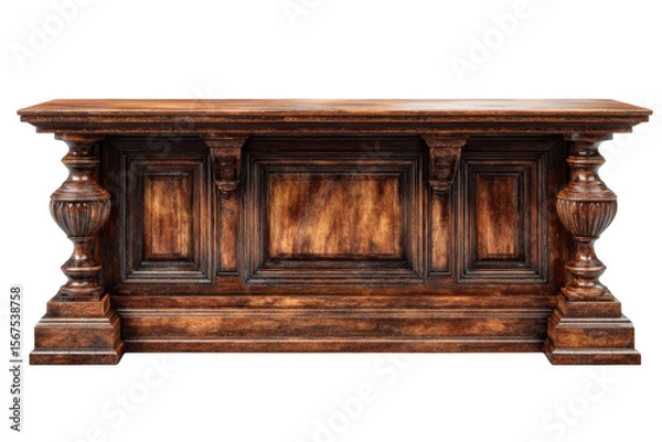 Fototapeta Rustic wooden bar with ornate detailing and a polished finish.